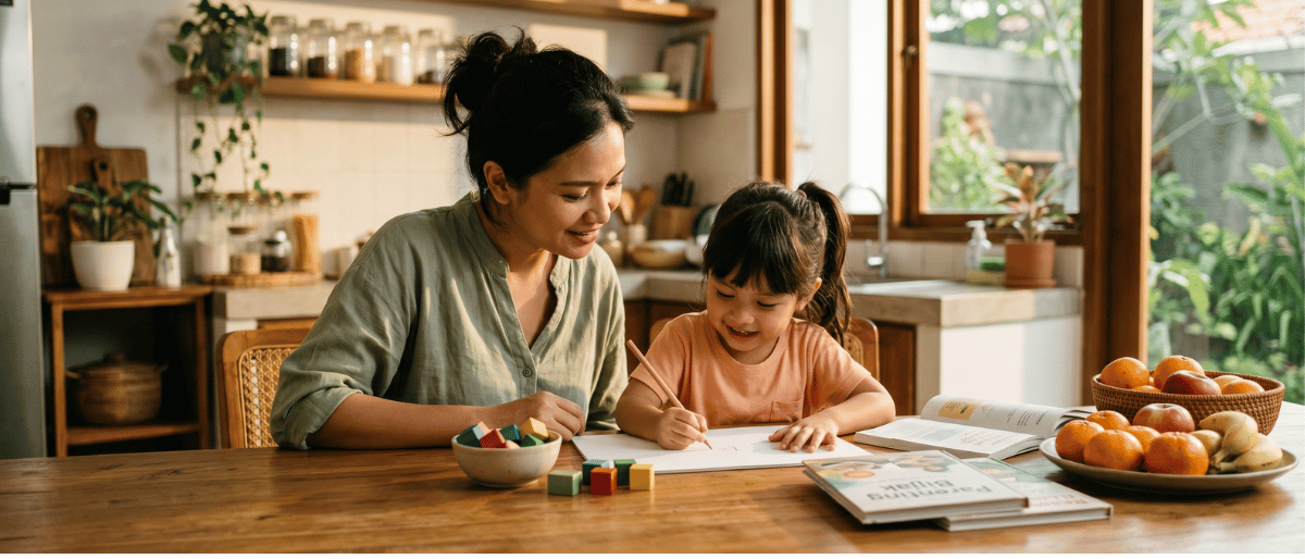 Ibu dan anak belajar matematika bersama di meja dapur dengan benda-benda nyata