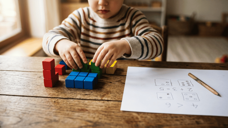 Tangan anak menyusun balok warna di meja dengan diagram di kertas