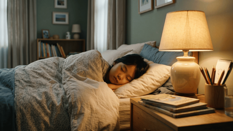 Anak tidur nyenyak dengan buku dan pensil di meja samping