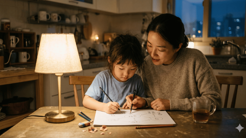 Tangan orang tua dan anak menggambar diagram bersama di kertas