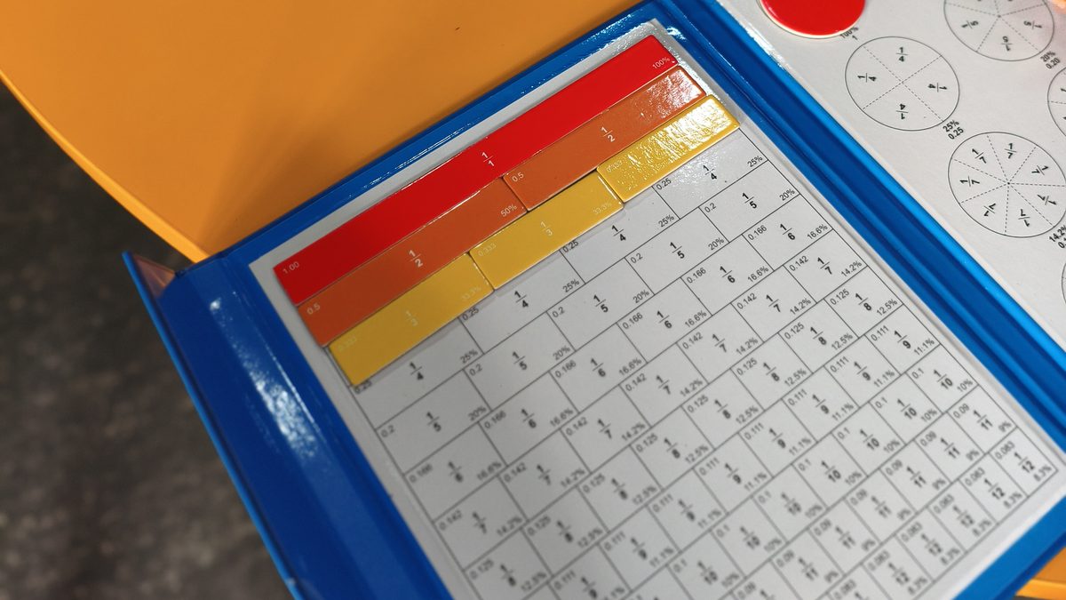 Batang pecahan magnetik berwarna di buku peraga: tahap konkret dalam pendekatan CPA