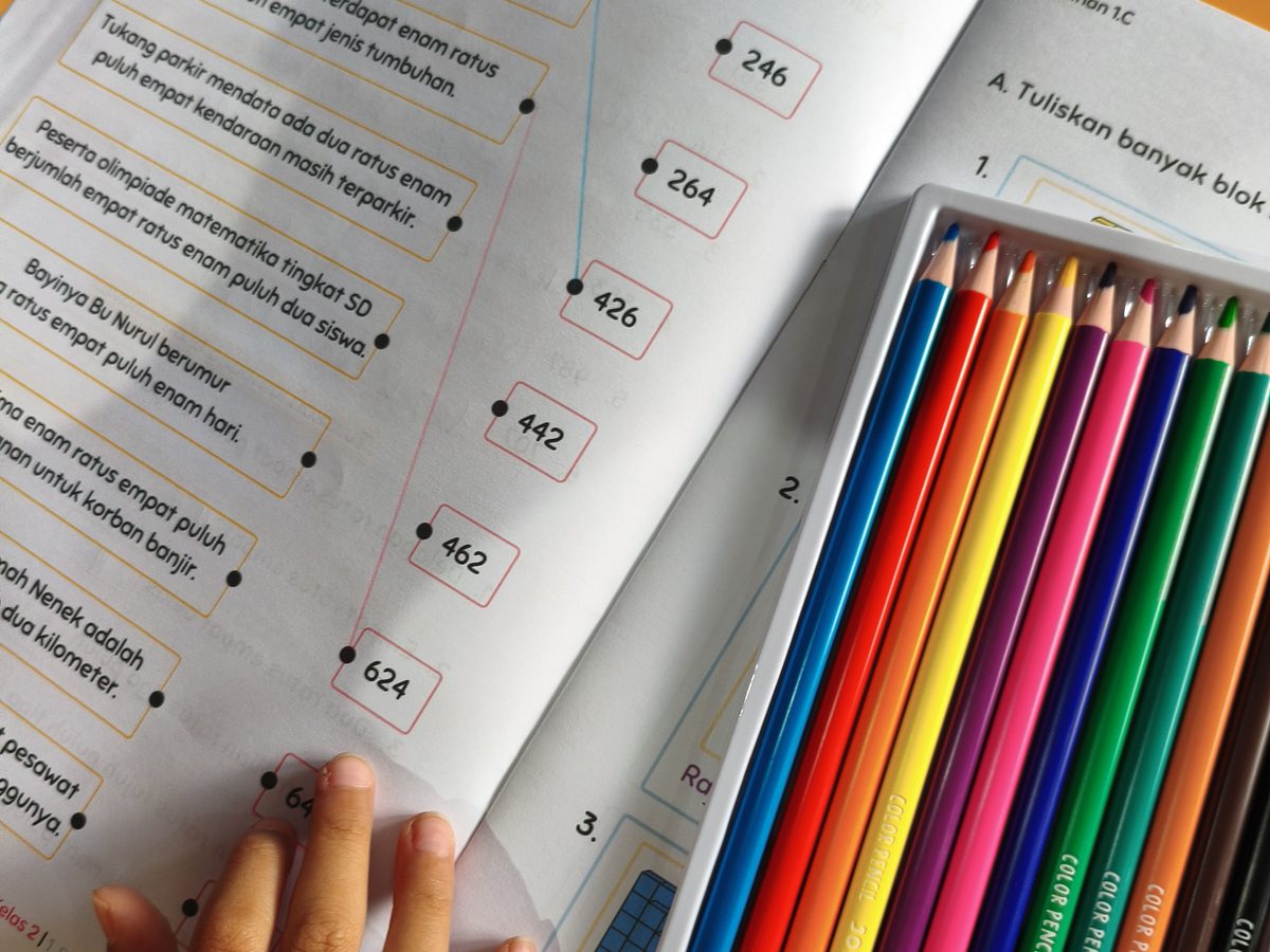 Pensil warna di atas lembar kerja Menulis Nama Bilangan Mama Tika