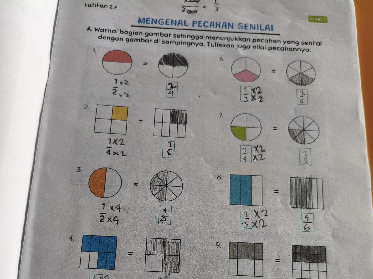 Lembar kerja Mengenal Pecahan Senilai Mama Tika yang sudah diwarnai dan diisi anak